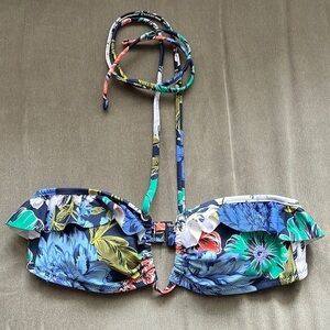 Aerie Ruffle Halter Bikini Top Blue Floral Sz XS